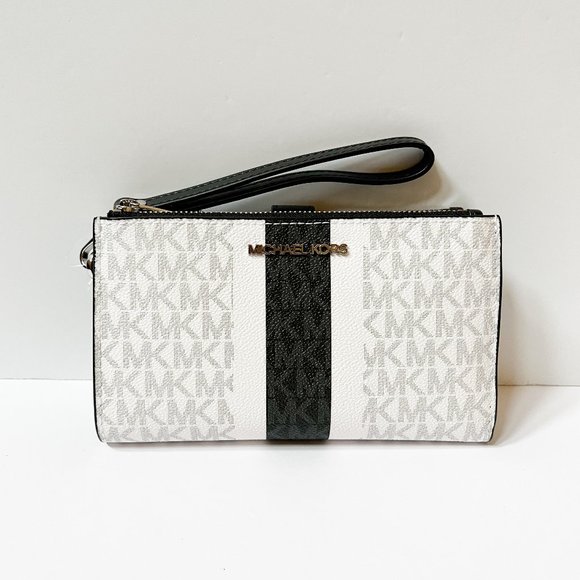 Michael Kors Jet Set Travel Double Zip PVC Leather Wallet Center Stripe MK White - Picture 1 of 9